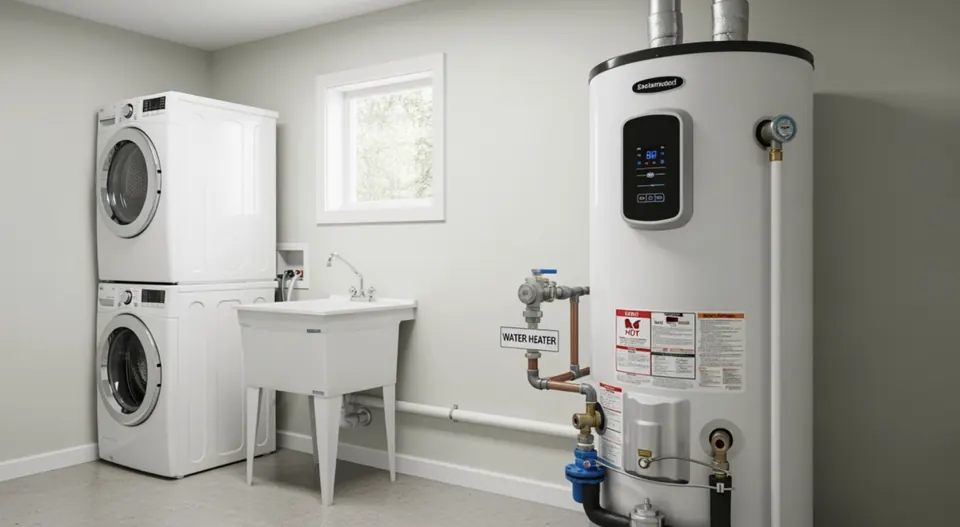 New tank water heater installed next to a stacked washer and dryer in a laundry room &mdash; Foothills Water Heaters