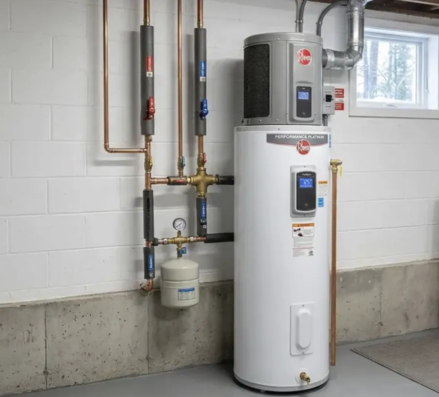 Hybrid heat pump water heater installed in a basement with an expansion tank and copper supply lines &mdash; Foothills Water Heaters