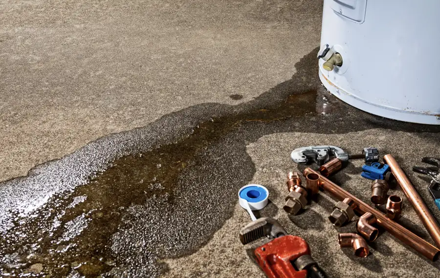 Water pooling on a concrete floor beneath a leaking tank water heater, with pipe wrench and replacement fittings laid out &mdash; Foothills Water Heaters
